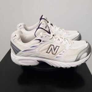 New Balance White and Silver Athletic Sneakers with Purple Accents